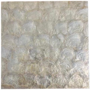 Puede incluir: Una superficie cuadrada e iridiscente compuesta por piezas superpuestas en forma de abanico. Las piezas tienen un brillo nacarado, con variaciones de blanco, crema y sutiles toques dorados. La textura crea un patrón orgánico en capas, que recuerda a conchas marinas o nácar.