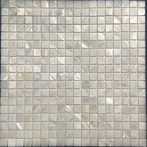 May include: White iridescent mother-of-pearl tile mosaic. Each tile is a small square with a slightly textured surface. The tiles are arranged in a grid pattern.