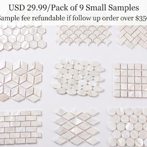 May include: Nine small samples of iridescent mosaic tiles in various geometric patterns. The samples include hexagonal, fan-shaped, diamond, and square tile designs. The tiles are white with a pearlescent sheen, suitable for home decor projects.