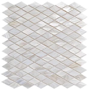May include: A mosaic tile sheet with a diamond pattern. The tiles are pearlescent white with subtle colour variations, creating a shimmering effect. The arrangement is a repeating geometric design, suitable for wall or floor applications.