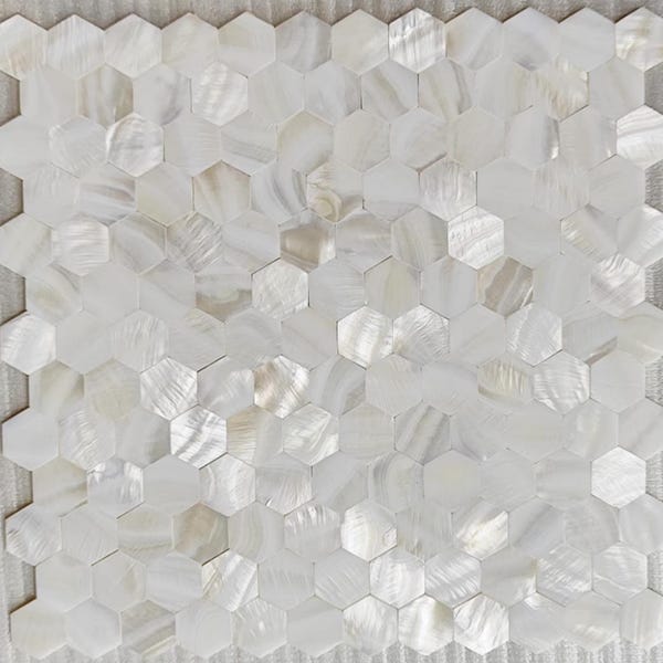 Groutless White Hexagon Mother of Pearl Tile | Handmade Shell Mosaic for Kitchen Backsplash & Spa Shower | 4"x4" Sample Available