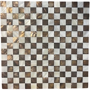 May include: A square, decorative chessboard with a checkered pattern. The squares alternate between a pearlescent white and a dark, iridescent brown. The board is made of small, square tiles, creating a mosaic effect.