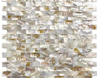 Groutless Iridescent White Mother of Pearl Brick Tile | Handmade Shell Mosaic for Kitchen Backsplash & Spa Shower | 4"x4" Sample Available