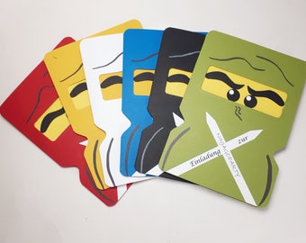 6 farblich gemischte Einladungskarten mit Ninja-Kämpfer