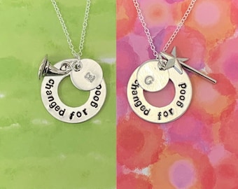 Set of two personalised friendship necklaces featuring good witch and bad witch quotes and charms