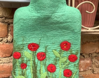 FELT HOT WATER BOTTLE turquoise felt hot water bottle merino wool red poppy beads embroidered incl. branded hot water bottle