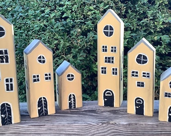 1 set of shabby chic townhouses so hygge midi yellow vintage look wooden houses decorative houses