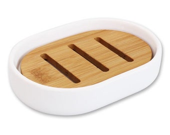 1 PORTE-SAVON noble et naturel Porte-savon en porcelaine avec insert en bambou, ovale ~12,5x8,5 x 2,5 cm