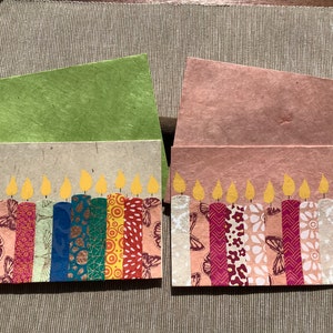 1 Geburtstagskarte KERZEN Grusskarte handgeschöpftes Loktapapier magenta/rose od bunt/grün handgedruckt + C6 Umschlag