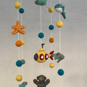 submarine felt mobile WINDCHIME down in the sea felt balls mobile dolphin whale felt fish diver submarine starfish