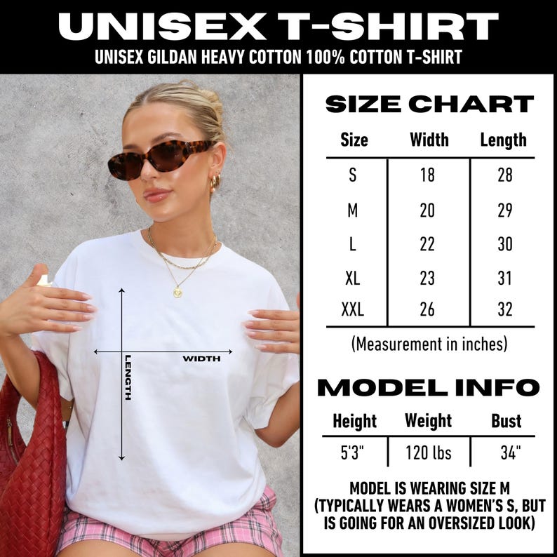 Pode incluir: Uma t-shirt branca de manga curta com uma sobreposi&ccedil;&atilde;o gr&aacute;fica mostrando setas de comprimento e largura. A imagem inclui uma tabela de tamanhos com medidas em polegadas e informa&ccedil;&otilde;es do modelo indicando 5'3", 120 lbs e 34 polegadas.