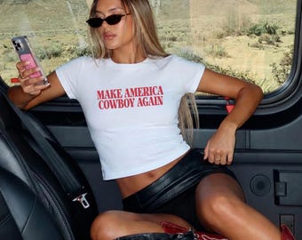 Make America Cowboy Again Baby Tee, Western Graphic Shirt, Country Concert Outfit, Cropped Tee, Rodeo Outfit Women, Nashville Bachelorette