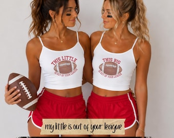 Out of Your League Sorority Big Little Reveal Shirts | Football Big & Little Family Reveal Matching Crop Tanks, Baby Tees, T-Shirts