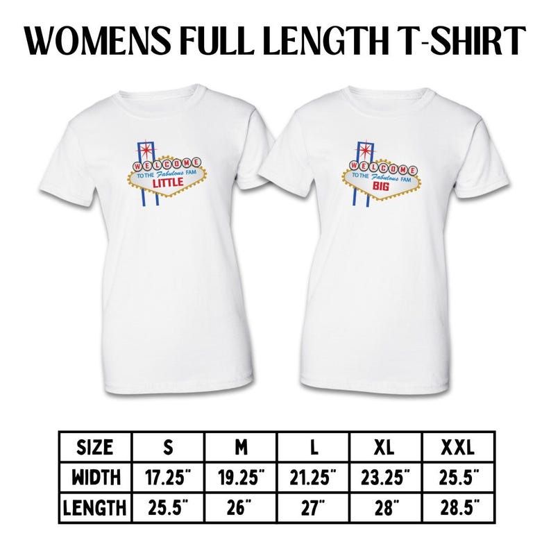 May include: Two white t-shirts with a graphic of a Las Vegas sign that reads "Welcome to the Fabulous Fam". The shirts have short sleeves and a crew neck. Size chart included.