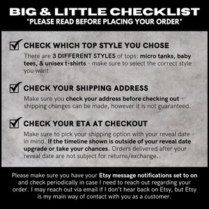 Pode incluir: Um gr&aacute;fico informativo cinza intitulado BIG & LITTLE CHECKLIST com tr&ecirc;s pontos marcados com sinais de verifica&ccedil;&atilde;o. O texto instrui os clientes a verificar os estilos das pe&ccedil;as, o endere&ccedil;o de entrega e a data prevista de chegada do pedido.
