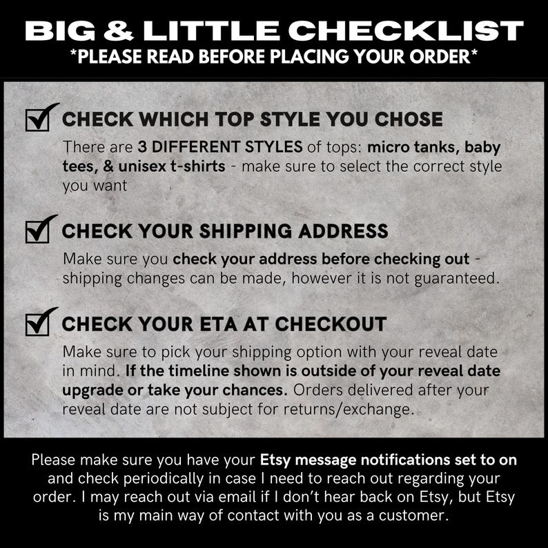 Pode incluir: Um gr&aacute;fico informativo cinza intitulado BIG & LITTLE CHECKLIST com tr&ecirc;s pontos marcados com sinais de verifica&ccedil;&atilde;o. O texto instrui os clientes a verificar os estilos das pe&ccedil;as, o endere&ccedil;o de entrega e a data prevista de chegada do pedido.