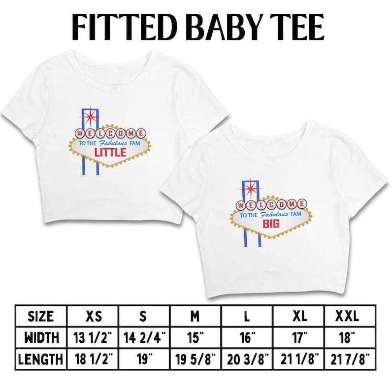 May include: Two white fitted baby tees with a Las Vegas sign design. One says "LITTLE" and the other says "BIG". The sign is gold with red, blue, and white accents. Size chart included.