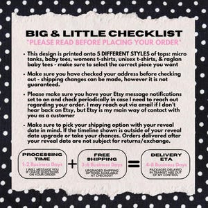 May include: A checklist with the text "BIG & LITTLE CHECKLIST" and instructions for ordering tops, including micro tanks, baby tees, and unisex t-shirts. The image includes processing time, free shipping, and delivery ETA information.