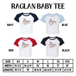 May include: White raglan baby tees with navy, blue, red, and black sleeves. Each shirt features a design of a neon sign with the text "Little" or "Big" or "GBIG". Sizes XS to XXL are available, with widths from 13 1/2" to 18" and lengths from 18 1/2" to 21 7/8".