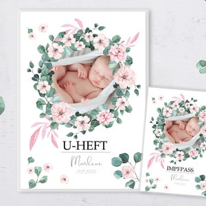 U-heft sleeve & vaccination passport envelope, with baby photo and dates of birth