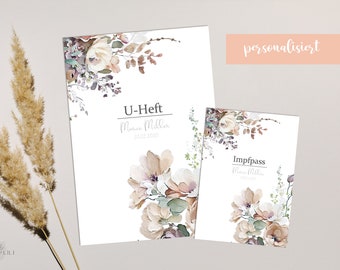 SET U-booklet cover & vaccination certificate envelope, flowers, personalized, birth gift