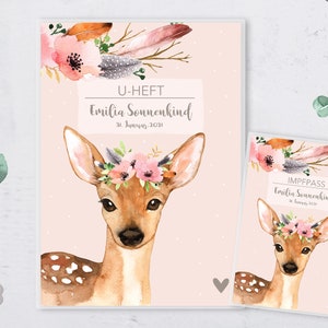 SET U-boekje cover & vaccinatiecertificaat envelop, hert, vos, konijn, das met hart, gepersonaliseerd, cadeau
