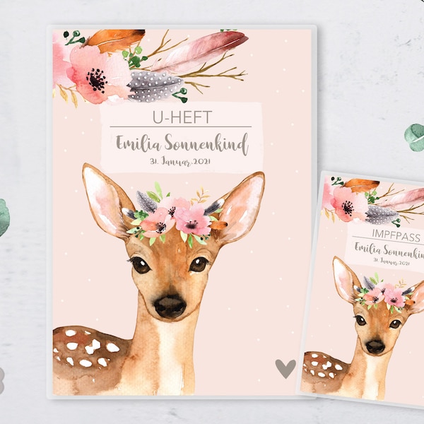 SET U-Booklet Cover & Vaccination Certificate Envelope, Deer, Fox, Rabbit, Badger with Heart, Personalized, Gift