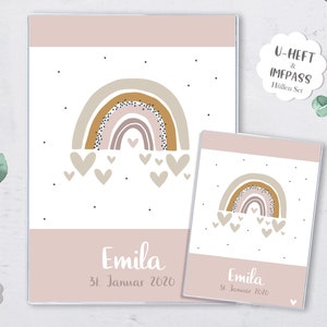 SET Cubierta de folleto en U y sobre de certificado de vacunación, arco iris con corazón, personalizado, regalo de nacimiento