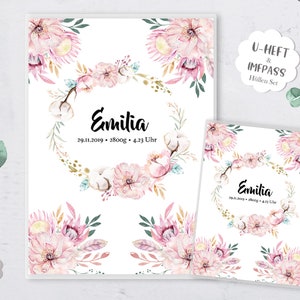 SET U-booklet cover & vaccination certificate cover, watercolor flowers personalized