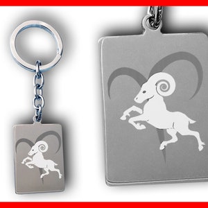 May include: Silver keychain with a silver charm featuring a white Aries zodiac symbol. The charm is attached to a silver chain and a silver key ring.