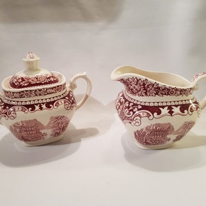 OLD ENGLAND milk jug + sugar bowl myott son&#39;s staffordshire cambridge ironstone red