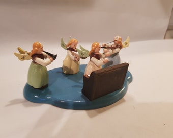 VERY old ANGEL band orchestra on cloud wood Erzgebirge carved piano violin flute pastel tones