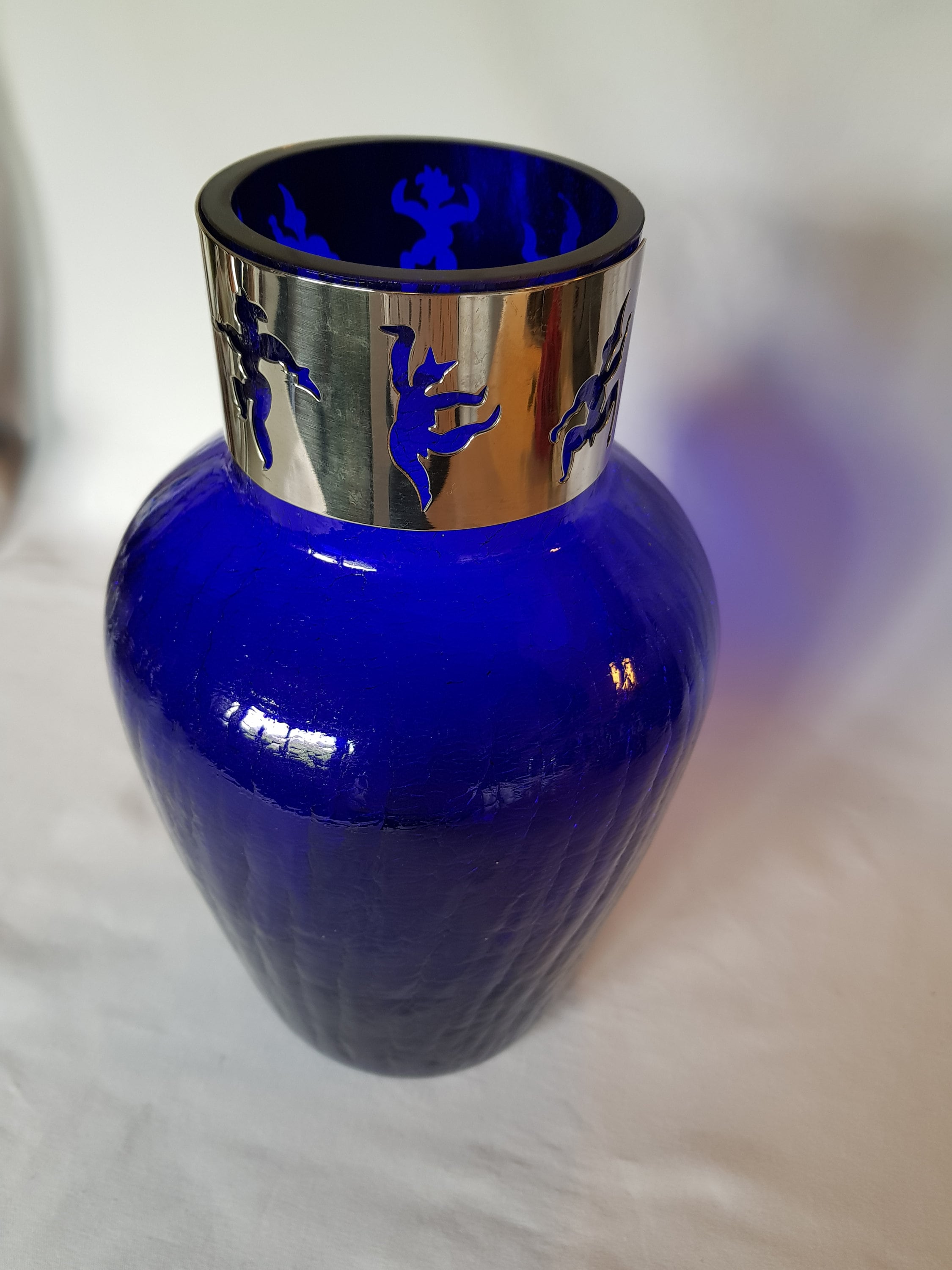 WMF large glass vase blue with silver rim silver cuff 28 cm bark structure structured glass
