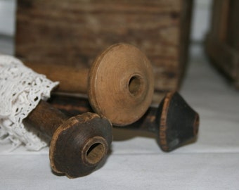 3 ancient SPINDLES yarn spools spinning wheel ??? wood wooden spools wooden spindles
