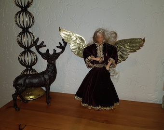 ancient RAUSCHGOLDENGEL wings Dresden cardboard wax face VELVET gold trim 30 cm angel