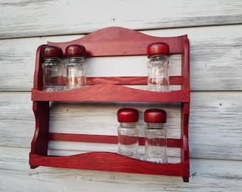 NEW & OVP 80s shelf spice rack wood red spice board 2 levels with 12 glasses