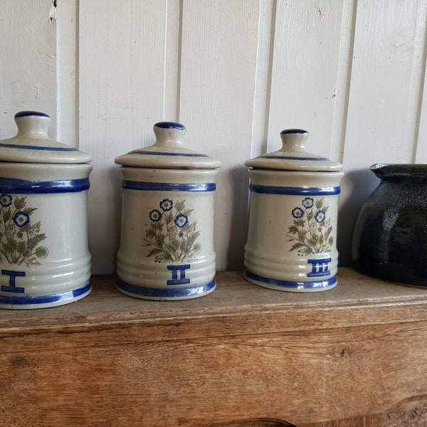 Set of 3 old stoneware storage jars with Roman numerals + lid spices