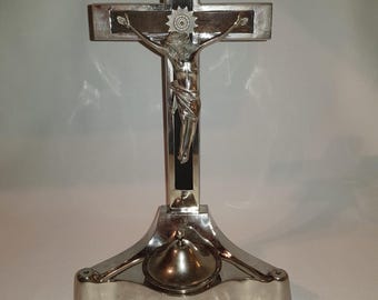 antigua CRUZ Crucifijo Cruz de pie + Pila de Agua Bendita Jesucristo Figura Santa 30 cm Inicio Altar extranjero