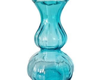 Mid-Century Modern Vase Wellenrand, Kürbisvase optisch gerippt Kolbenvase gewellt, dekorative Vintage Blumenvase farbiges Glas türkis petrol
