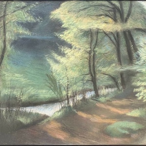 Vintage Original Painting Colored Pencil Drawing Forest River Landscape Painting Woodland Walk, Picture Framed, Wall Art, Picture Wall, Gallery Wall