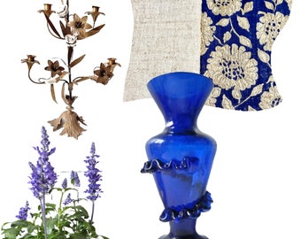 Antike Balustervase Fadenauflage Biedermeier Jugendstil Kobalt Blau, Vintage Blumenvase royalblau, Girlanden Rüschen Glas Vase Viktorianisch