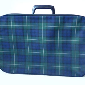 Vintage Mod Suitcase 50s 60s Tartan Checks, Blue Green Black, Parisienne Chic, Hipster Weekender, Lightweight, Mid-Century, Checked