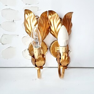 Vintage Florentine Wall Lights, Hollywood Regency Toleware Chandelier, Leaf Decor Gold Tone Metal, Mid-Century Modern Boho Home Decor