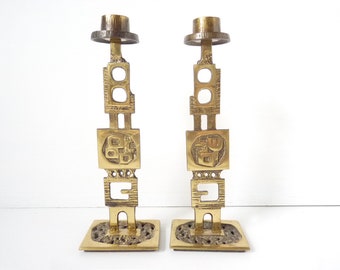 Paar Modernist Kerzenleuchter Bronze Skulptur Vintage Kerzenständer kantige Formen Boho Leuchter Messing Mid-Century Modern MCM Kerzenhalter
