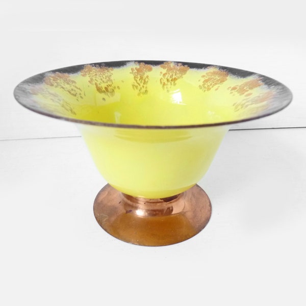 Rare Unusual Deep Vintage Enamel Bowl, Mid-Century Jewelry Dish Vanilla Yellow Black Copper, 50s 60s Bonbonniere MCM CANDY DISH