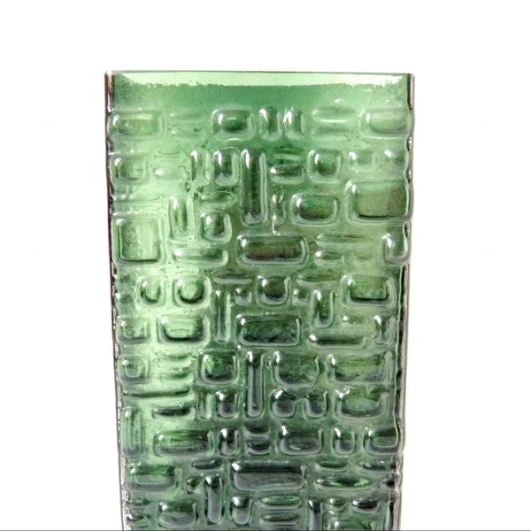 Mid-Century BUBBLE GLASS Gral Glasvase, Überfang Glas Quader Noppen, Grüne MidMod Op Art Vase Rechteckig Strukturiert, Designer Studioglas