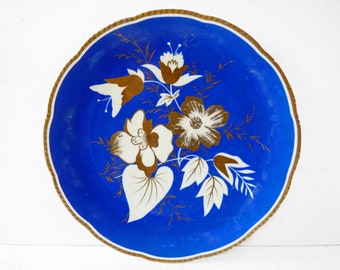 Large Art Deco cake plate VOLKSTEDT BEYER & BOCK art painting, flowers blue gold royal blue hand painted serving plate mid-century style