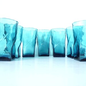 MCM 7 Long Drink Glasses Petrol Colors, Square Round Twisted, Mid-Century Twist Glass, Tall Turquoise Water Glasses Set, Boho Designer Loft BARWARE