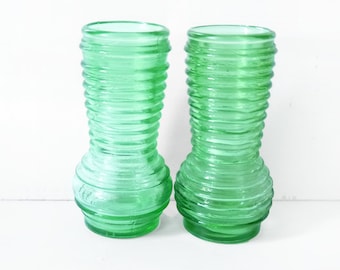 Mid-Century Industrial Design Vases, Vintage Glass Vases Modern Green 50s 60s, Grooves, Pressed Glass, Op Art, Bottle Glass, Flask Vases