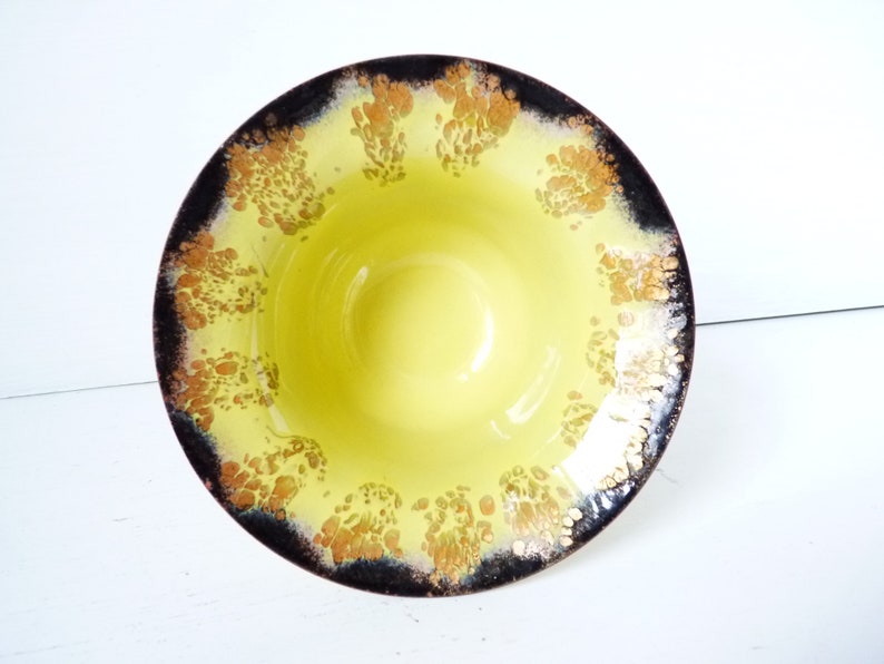 Rare Unusual Deep Vintage Enamel Bowl, Mid-Century Jewelry Bowl Vanilla Yellow Black Copper, 50s 60s Bonbonniere MCM CANDY DISH image 9